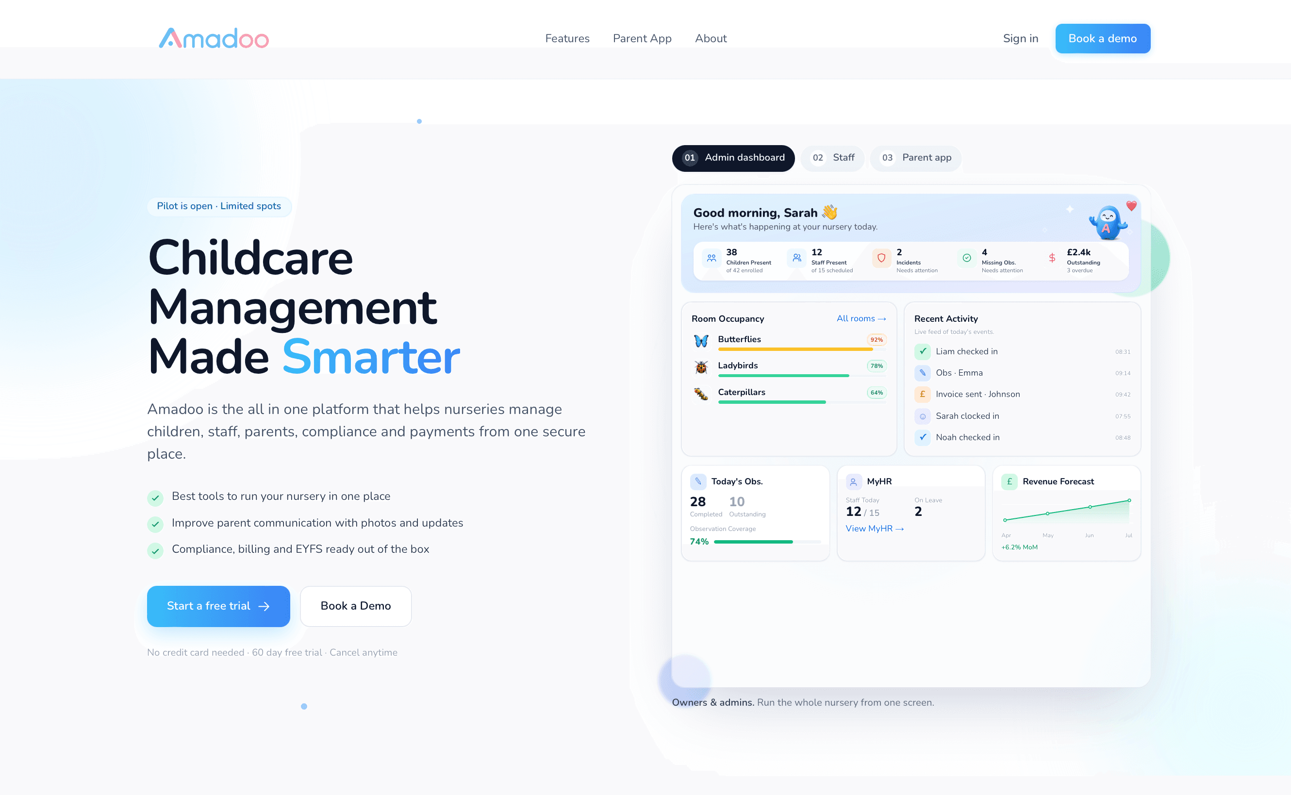 Amadoo nursery management platform home screen